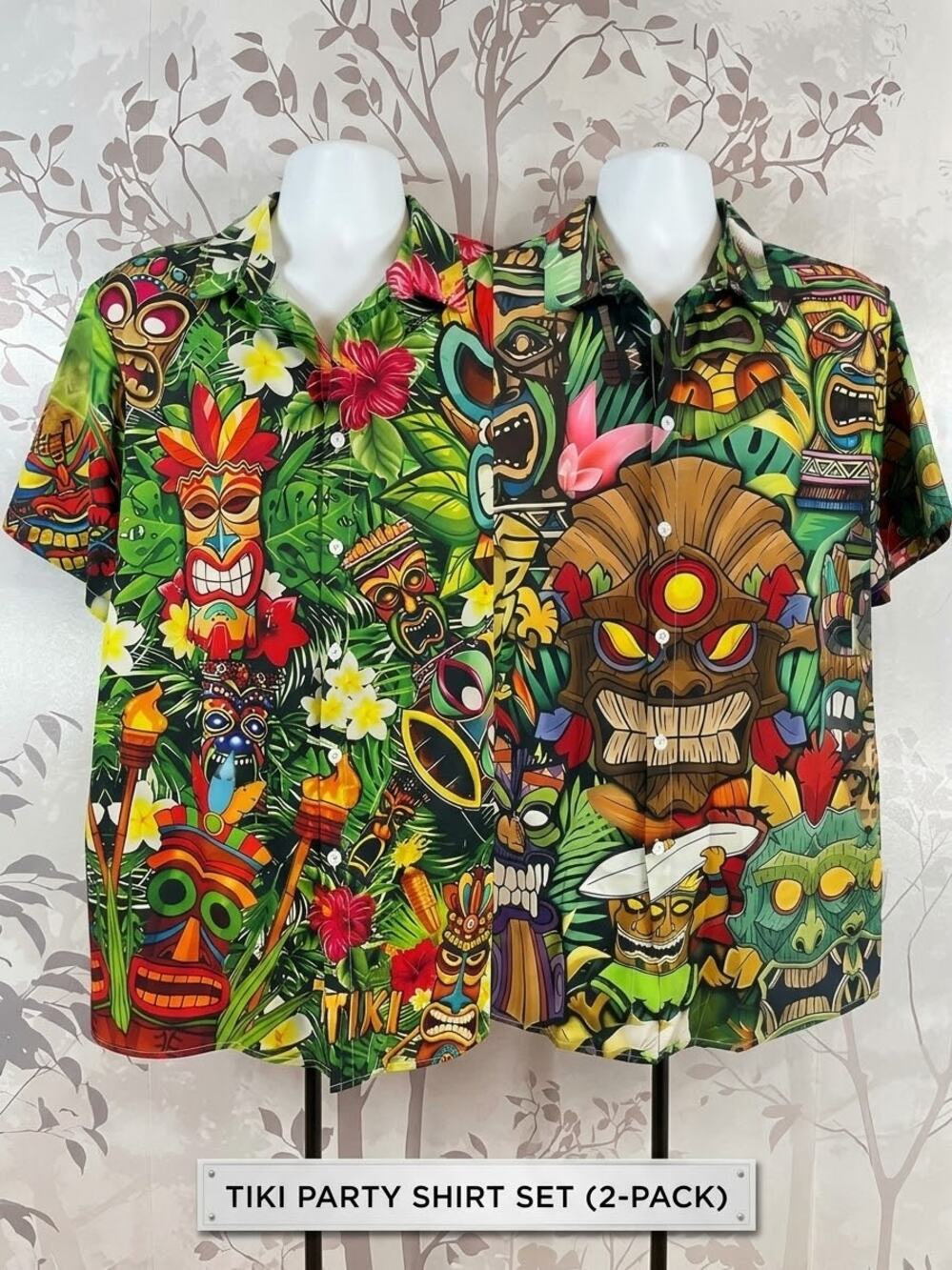 OUKU Hawaiian Tiki Shirts Set L Mens Short Sleeve Tropical Button Front Lot (2)